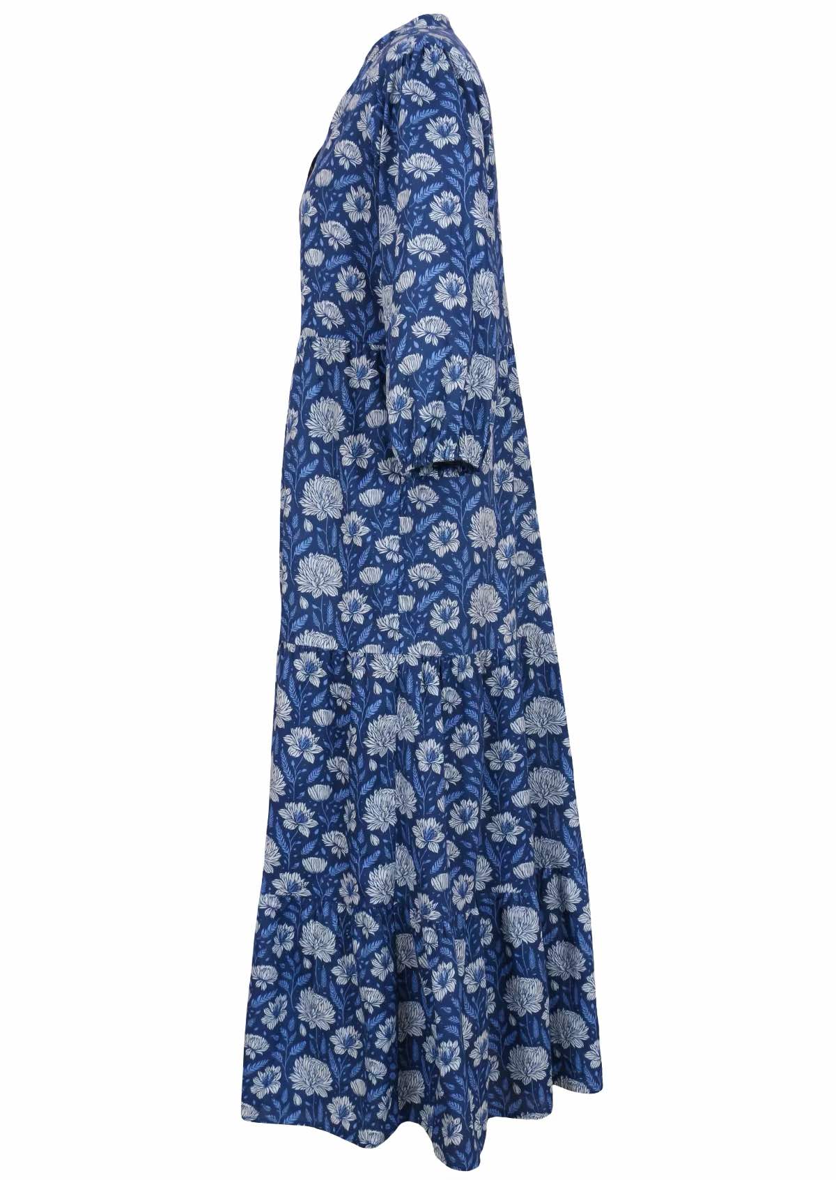 Side mannequin photo of cotton maxi dress with 3/4 sleeves in blue based pale floral print