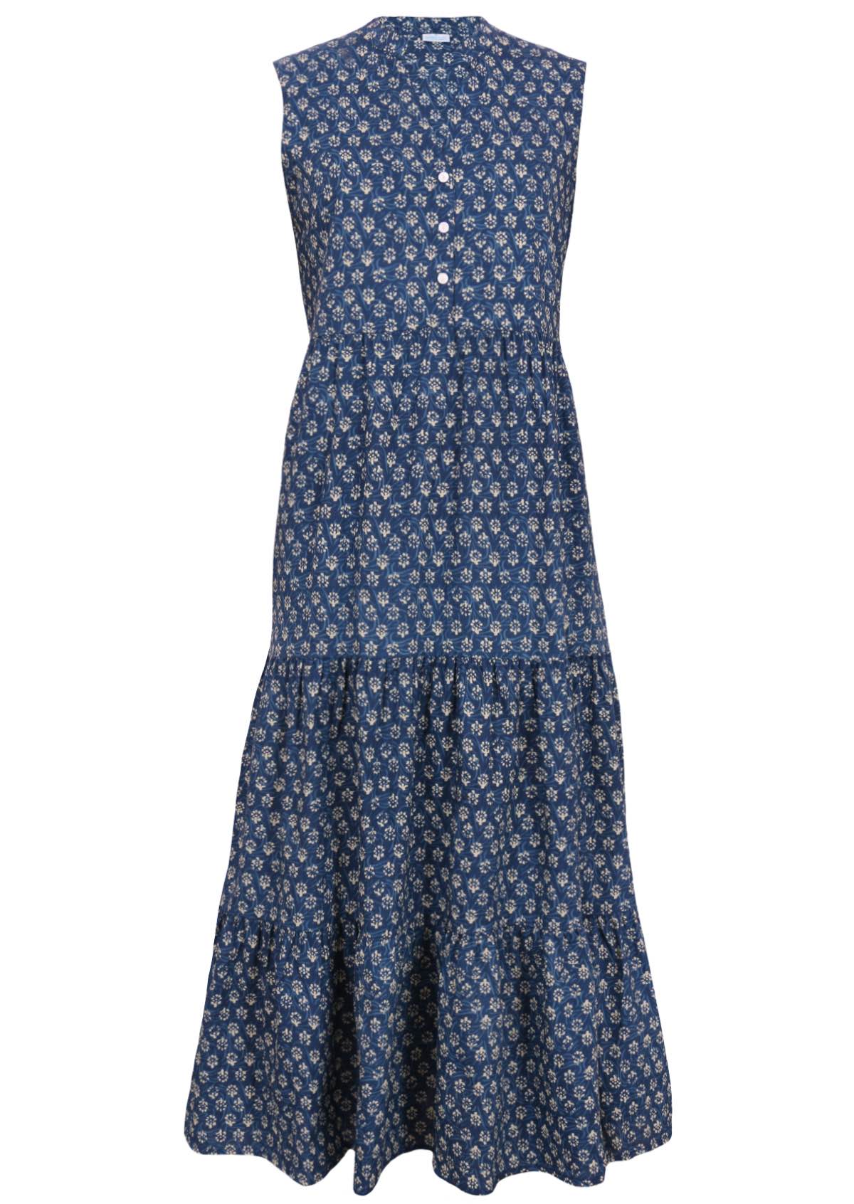 Navy blue base with white flowers and light blue swirls lightweight cotton maxi dress