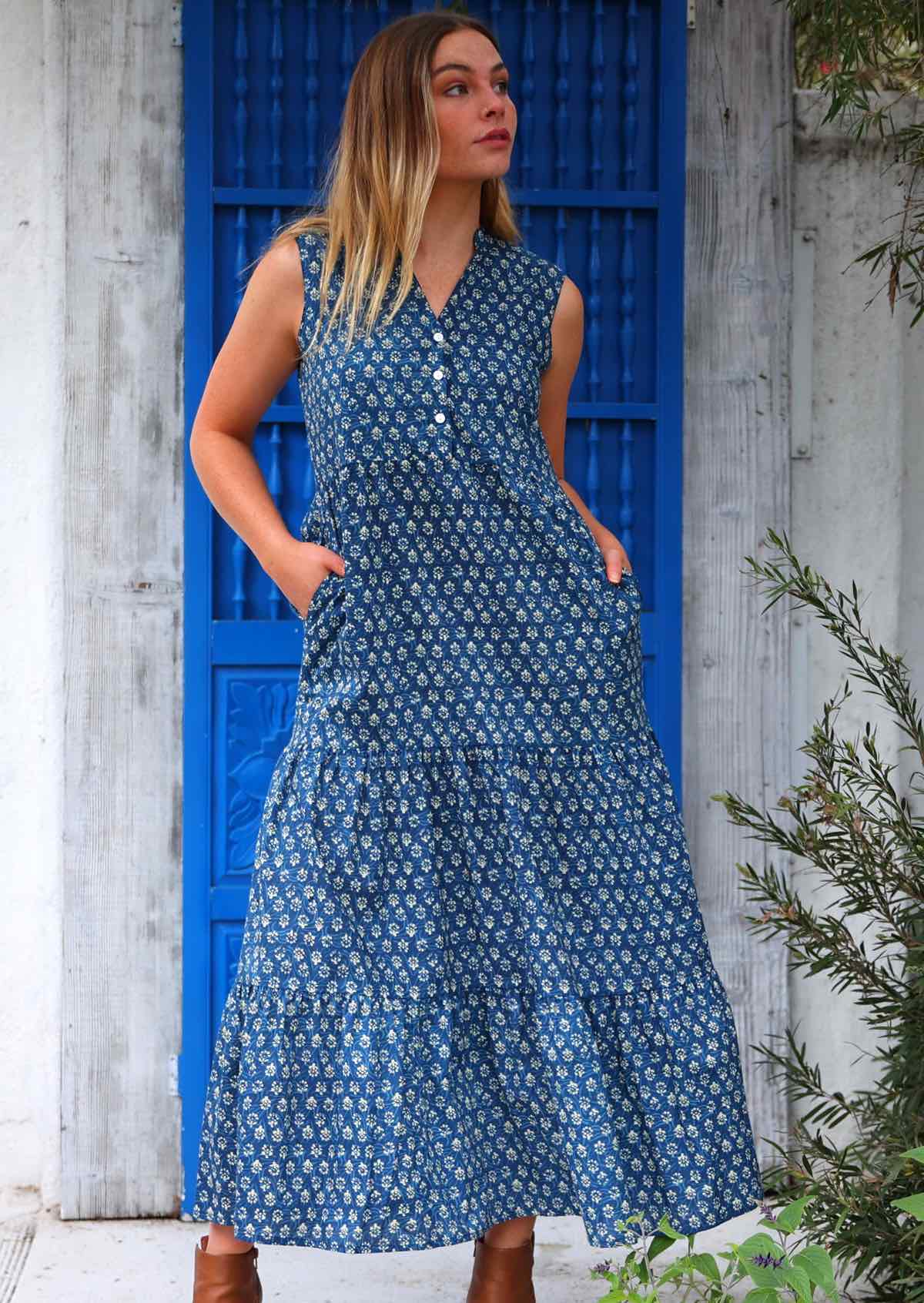 Sweet flowers and swirl in the background print on navy blue base cotton maxi dress