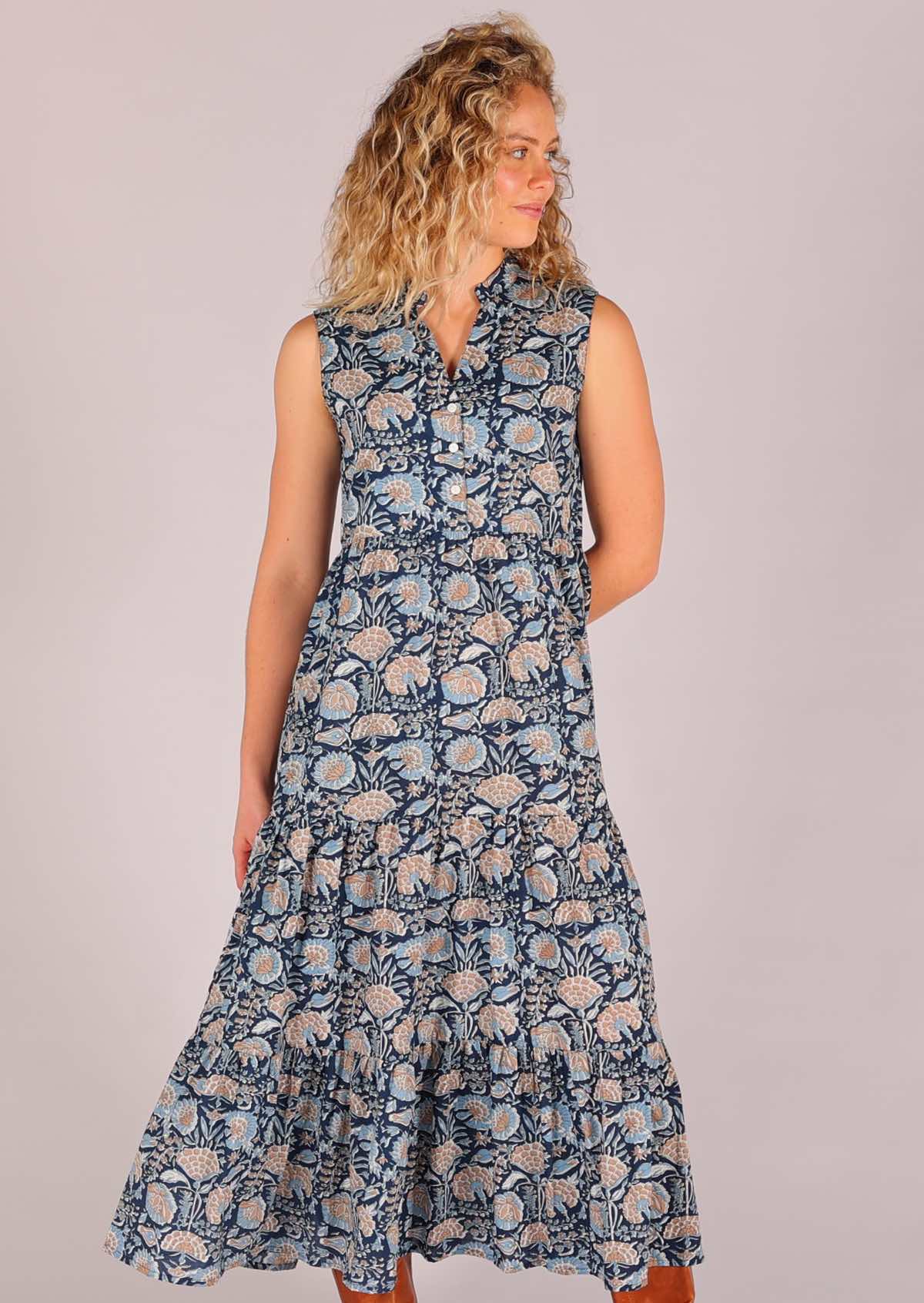 Gorgeous on trend boho maxi dress made from lightweight cotton in blue based floral print