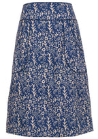 Front mannequin photo on cotton pencil skirt in floral on blue base with contrasting piped detail around the waistband and pockets