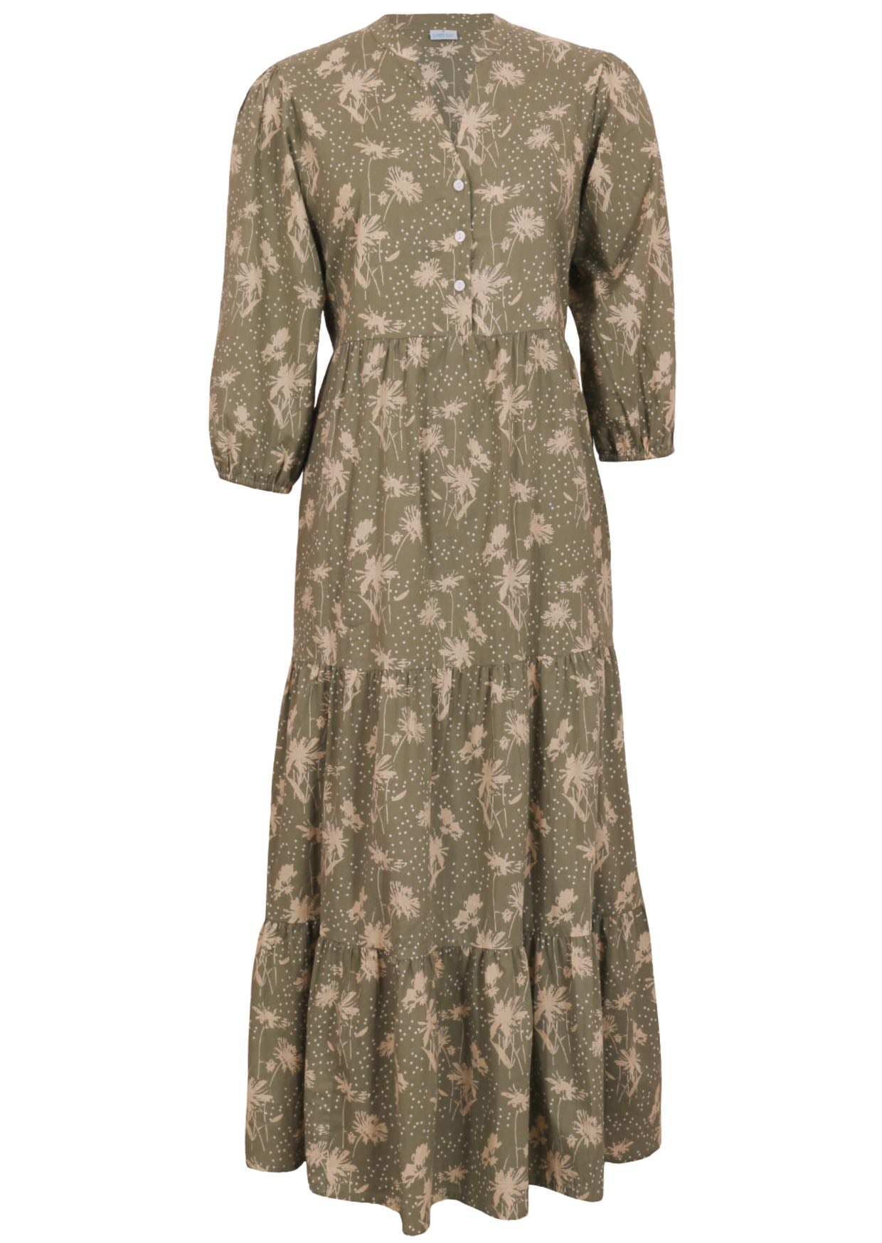 Front mannequin photo of cotton maxi dress with tiered skirt and 3/4 sleeves in pale green based cream floral print