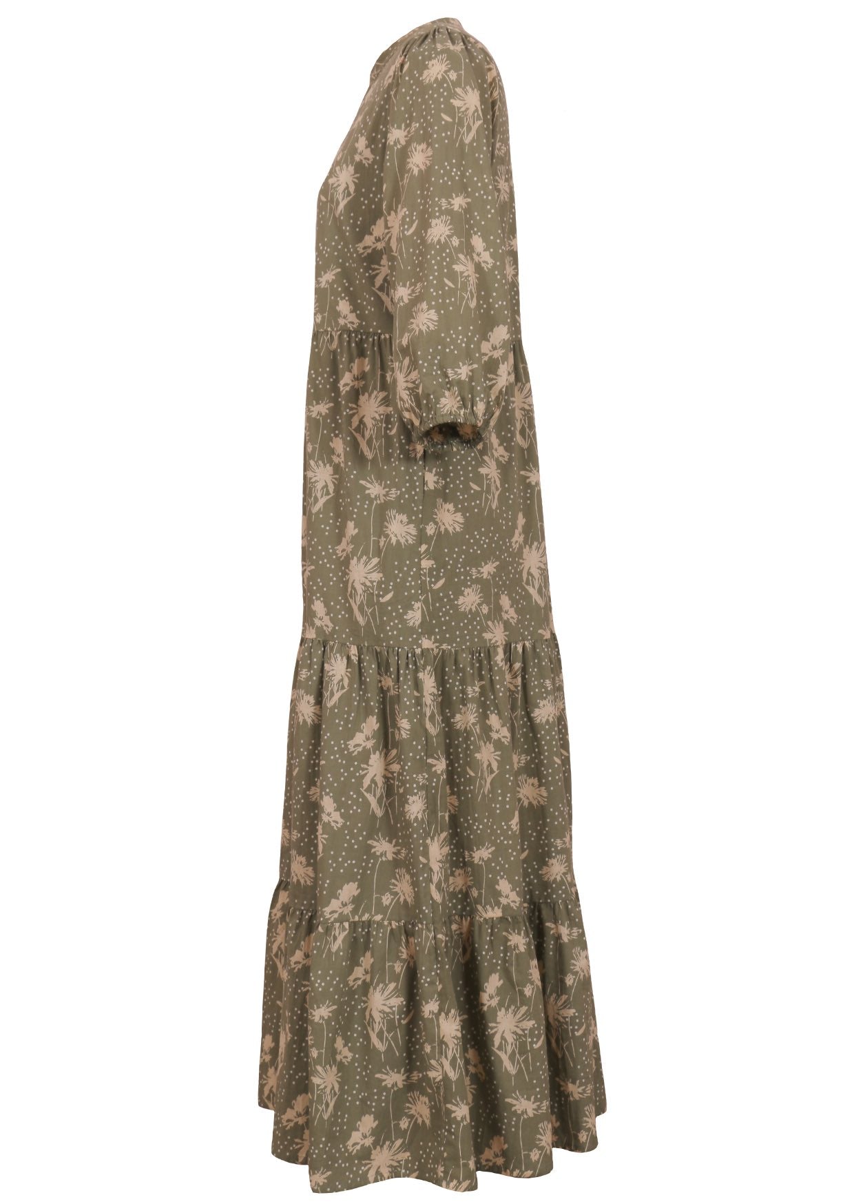 Side mannequin photo of cotton maxi dress with tiered skirt and 3/4 sleeves in pale green based cream floral print