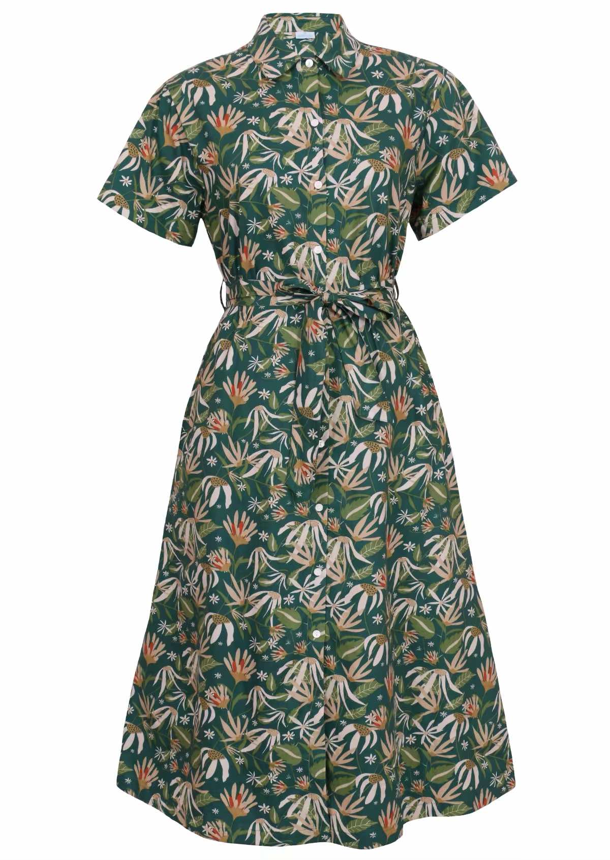 Green floral shirt dress front view