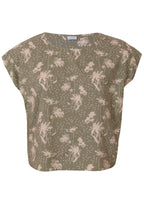 Front mannequin photo of cotton cap sleeve relaxed fit top in pale green based floral print