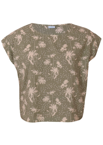 Front mannequin photo of cotton cap sleeve relaxed fit top in pale green based floral print