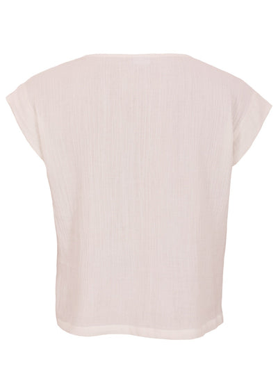 Back mannequin photo of natural white double cotton cap sleeve top with round neckline
