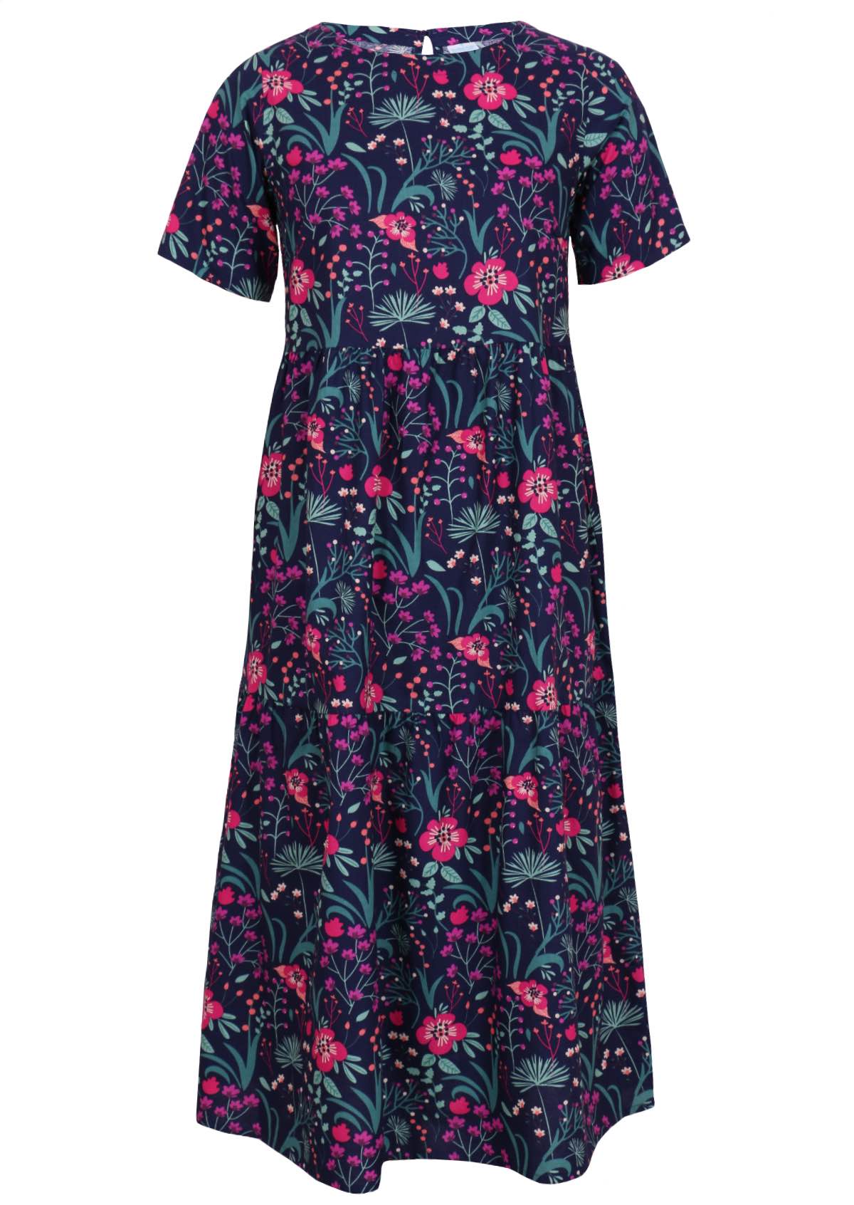 Tiered long pink and purple floral on dark blue base 100 percent cotton sundress 