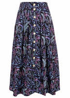 Cotton shin length skirt with box pleats and buttons