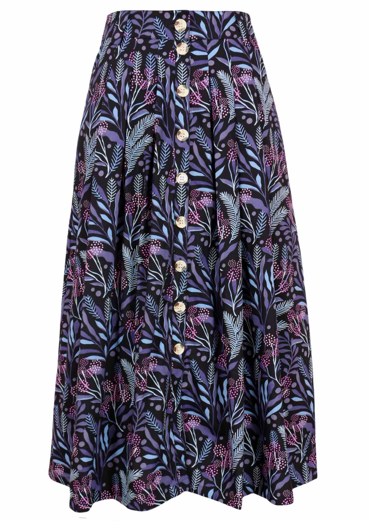 Cotton shin length skirt with box pleats and buttons