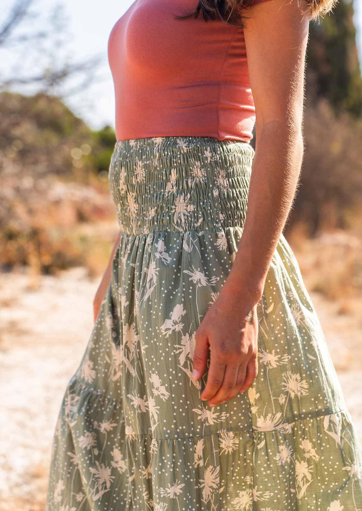 Close up of cotton maxi skirt showing the extra wide elastic shirred waistband