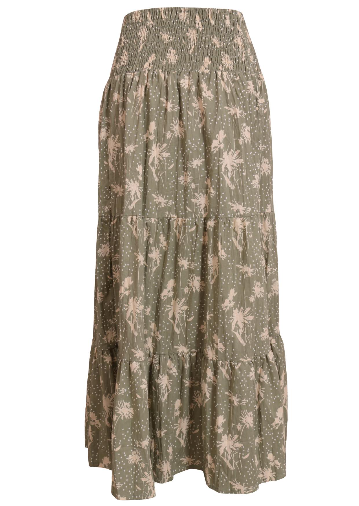 Back mannequin photo of cotton maxi skirt with tiers and extra wide shirred waistband