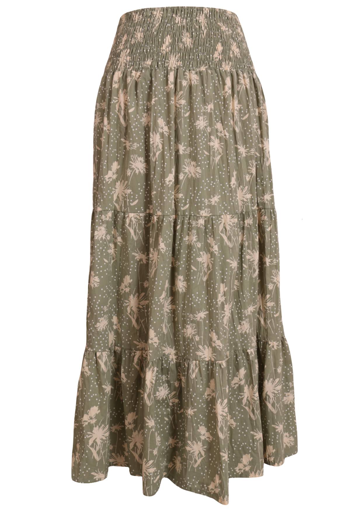 Front mannequin photo of cotton maxi skirt with tiers and extra wide shirred waistband