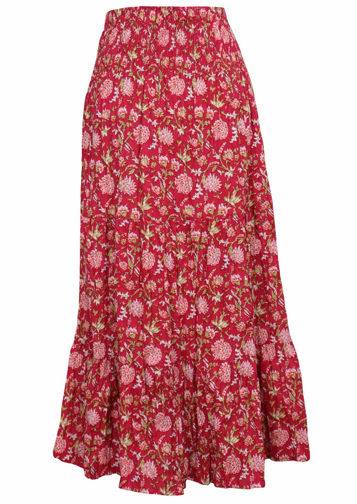 Back mannequin photo of cotton maxi skirt  in floral print on a bright red base