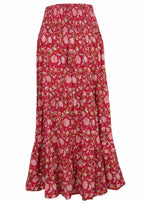Front mannequin photo of cotton maxi skirt  in floral print on a bright red base