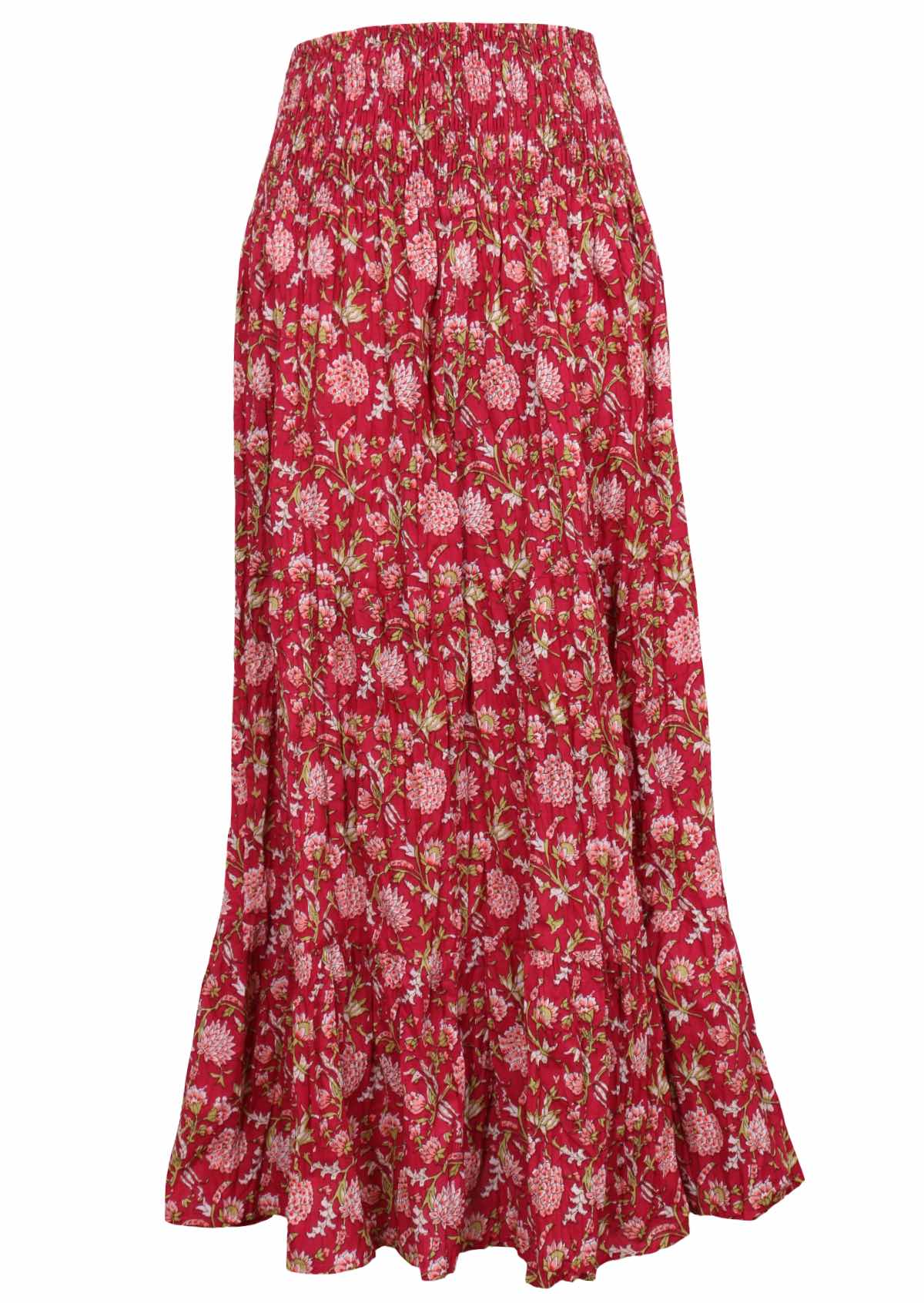 Front mannequin photo of cotton maxi skirt  in floral print on a bright red base