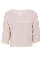 Front mannequin photo of natural white double cotton 3/4 sleeve top with round neckline