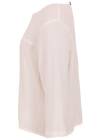 Side mannequin photo of natural white double cotton 3/4 sleeve top with round neckline