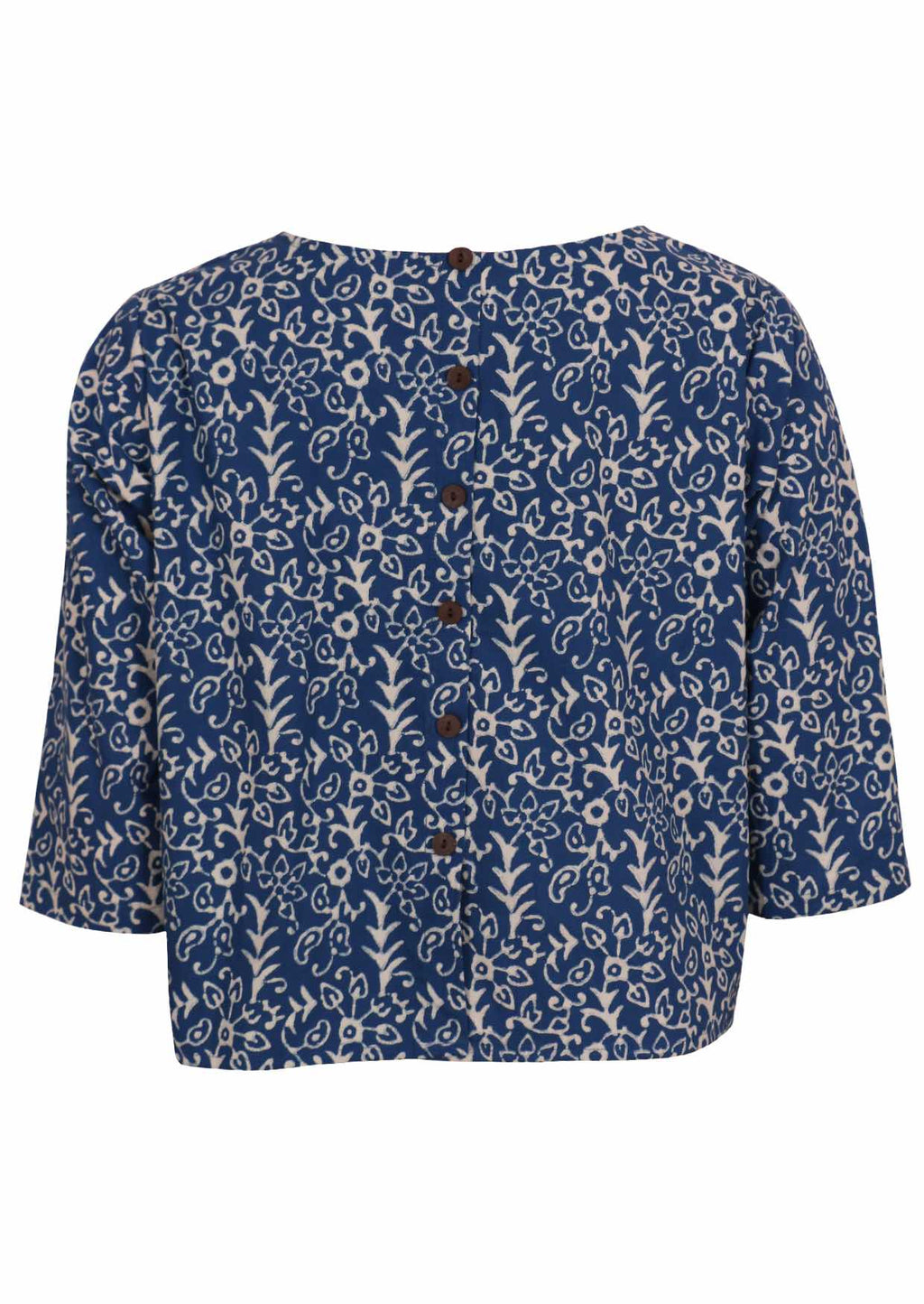 Back mannequin photo of cotton 3/4 sleeve boxy top with decorative buttons down the centre of the back 