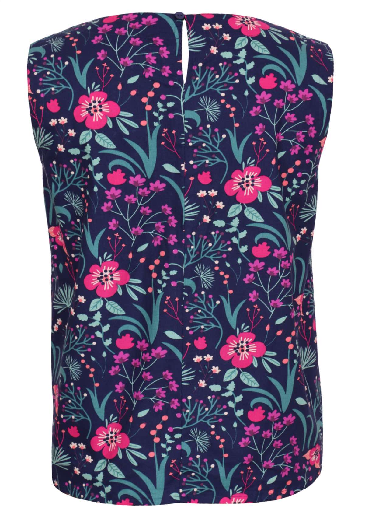 100 percent cotton pink and purple florals on a dark blue base sleeveless top back
