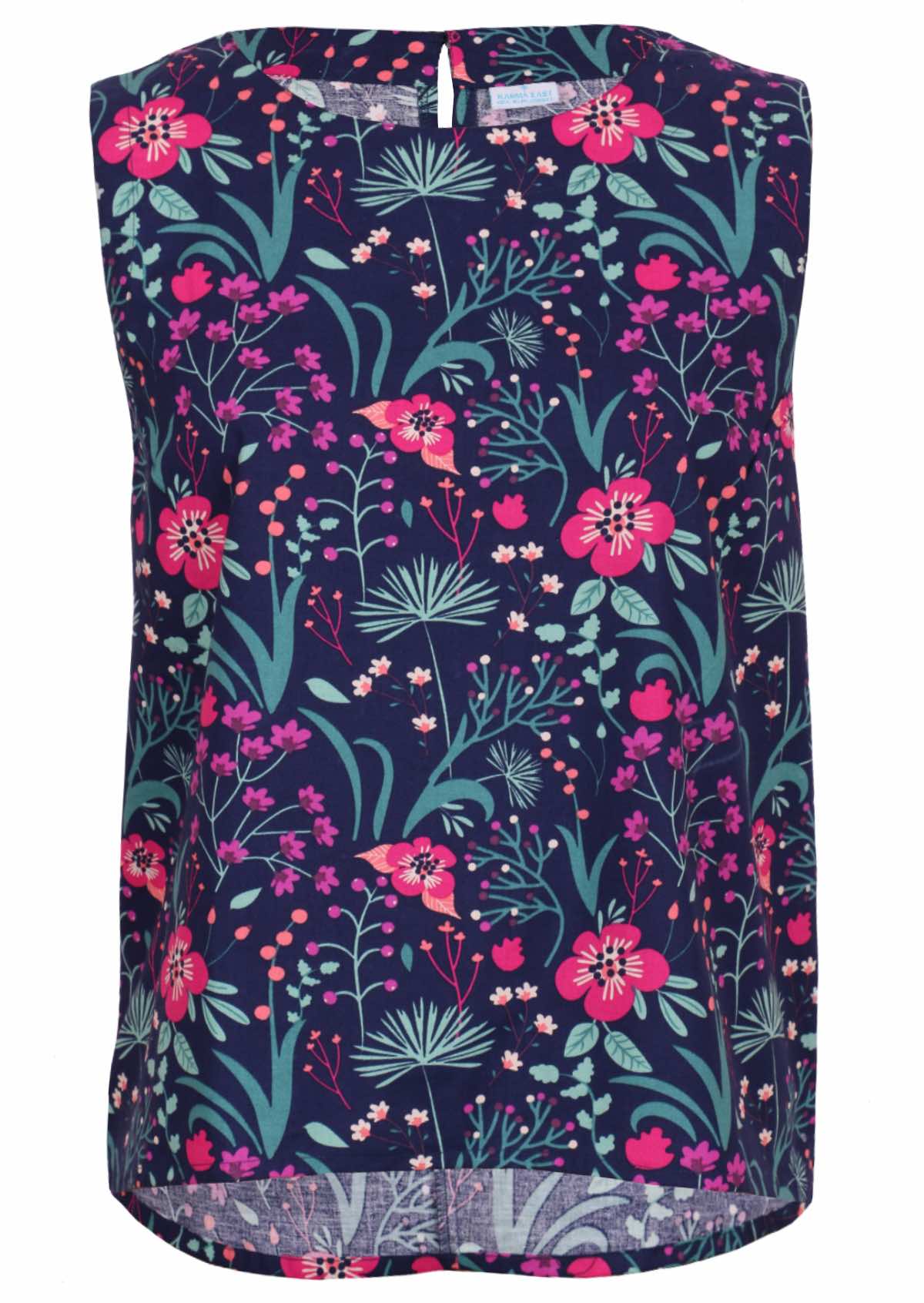 100 percent cotton pink and purple florals on dark blue base sleeveless top
