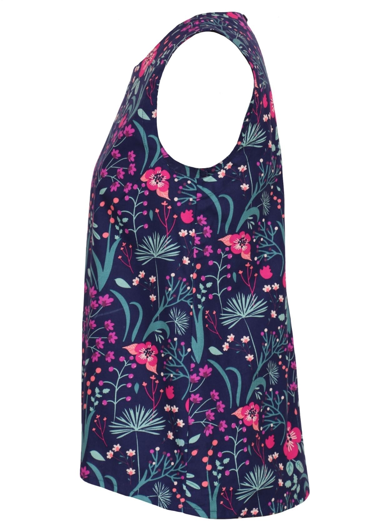 100 percent cotton pink and purple florals on a dark blue base sleeveless top side
