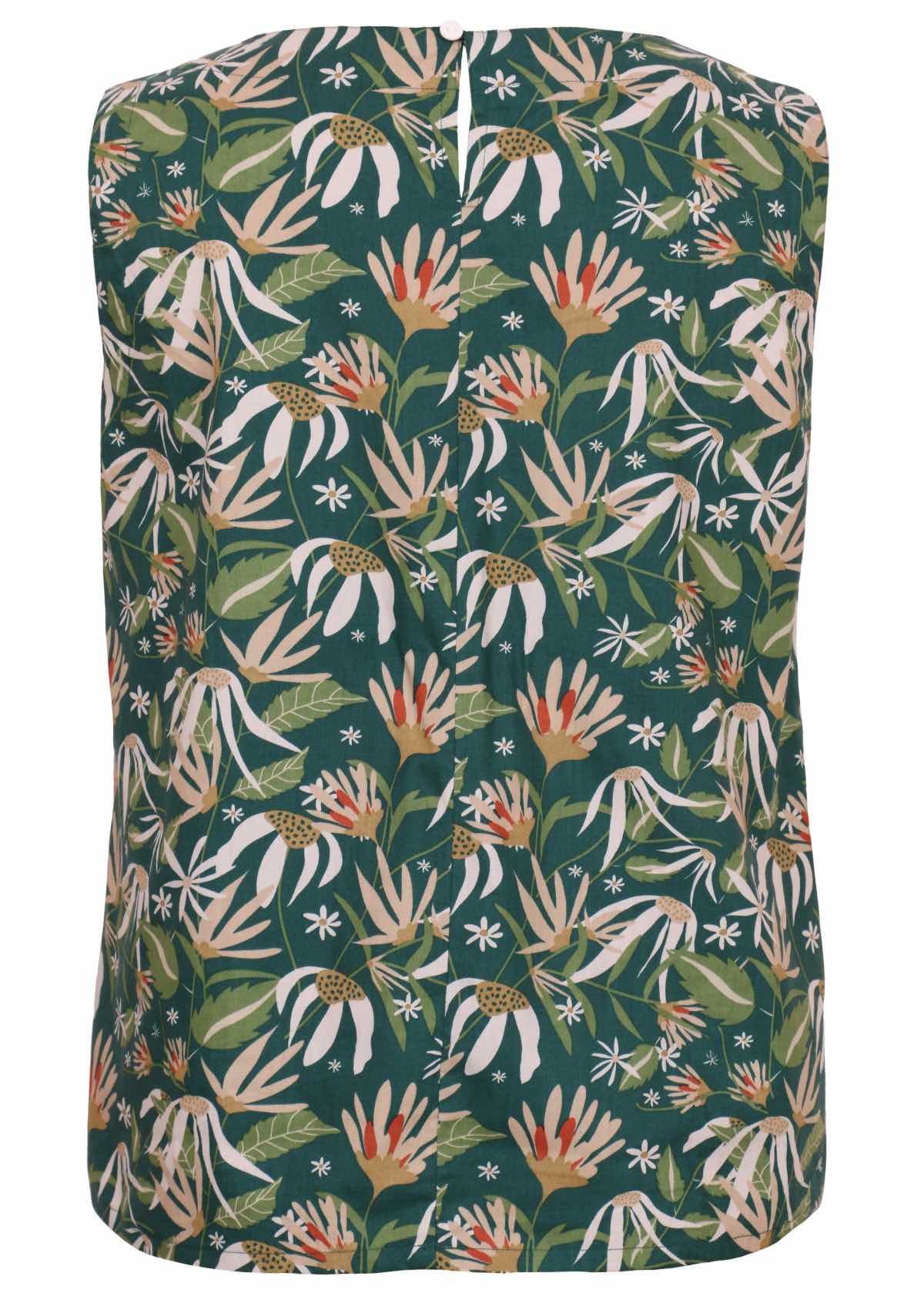 Back mannequin photo of cotton sleeveless top in green based floral print, with button closure at the nape of neck