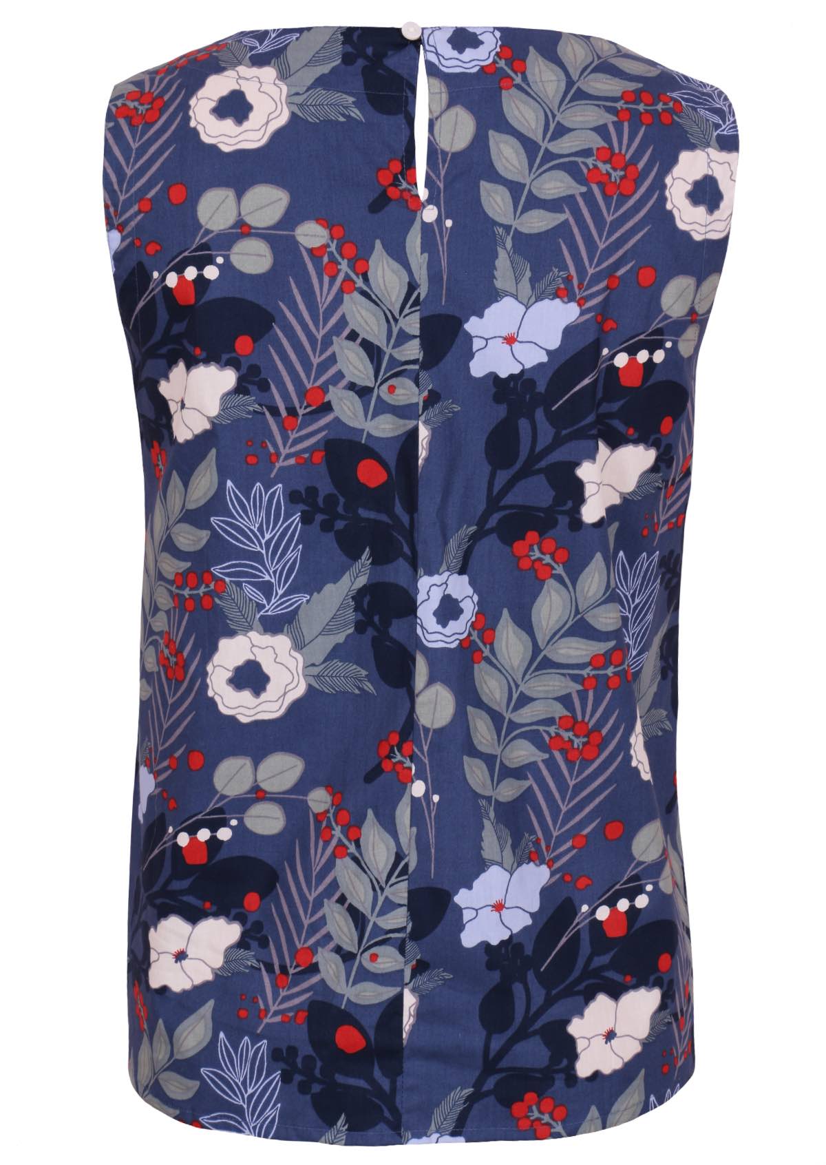 100 percent cotton navy blue floral sleeveless top back showing button at nape of neckline