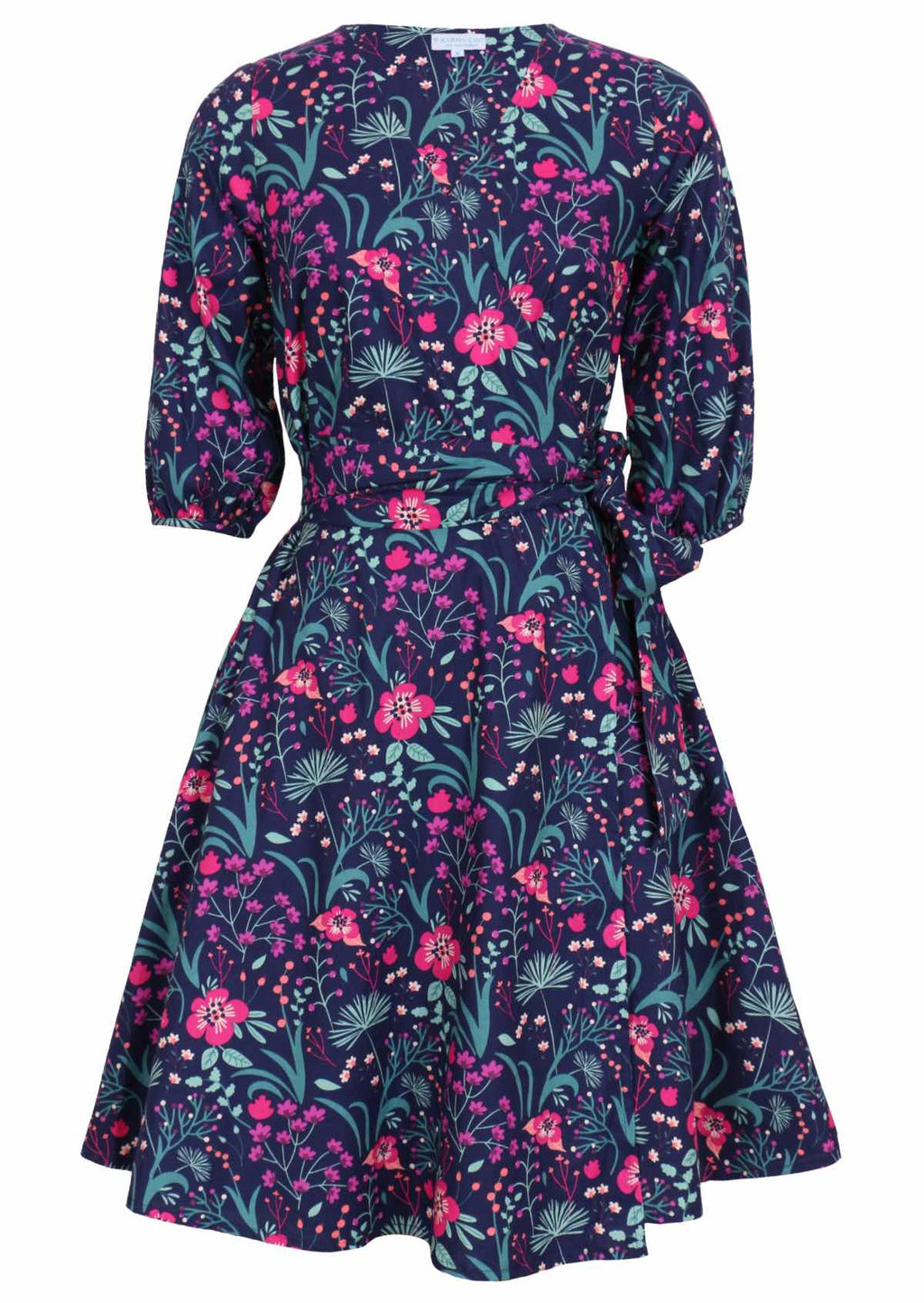  long sleeve navy and purple floral cotton wrap dress front picture 