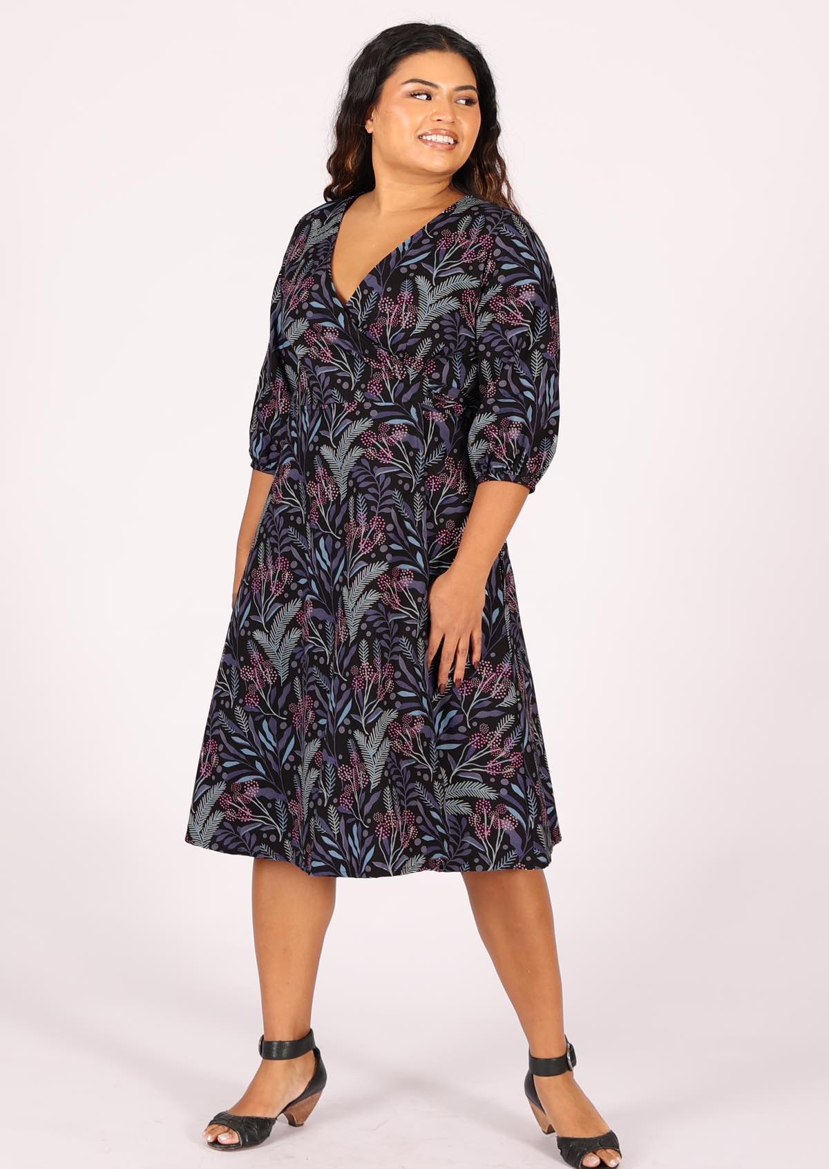 100% cotton over the knee wrap dress with 3/4 sleeves and V-neckoine