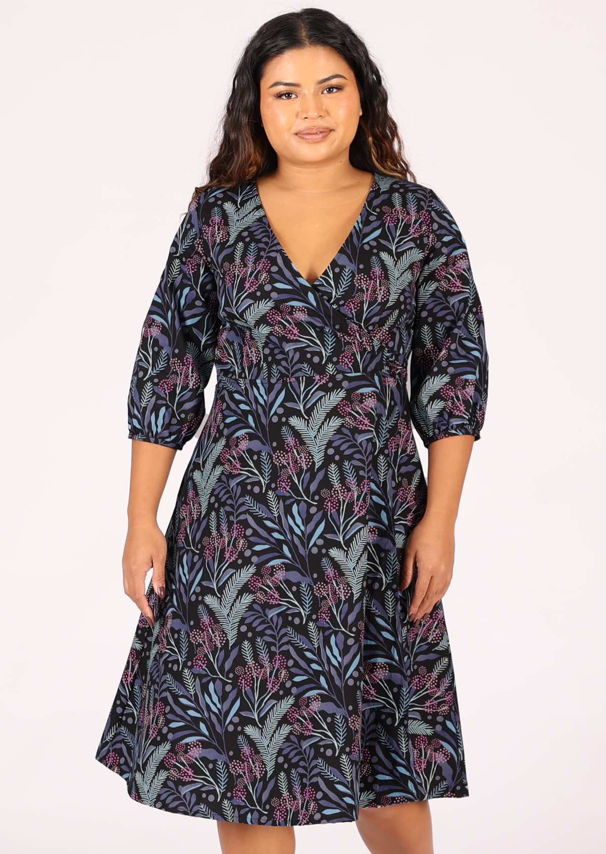 Cotton wrap dress with voluminous 3/4 sleeves and A-line skirt