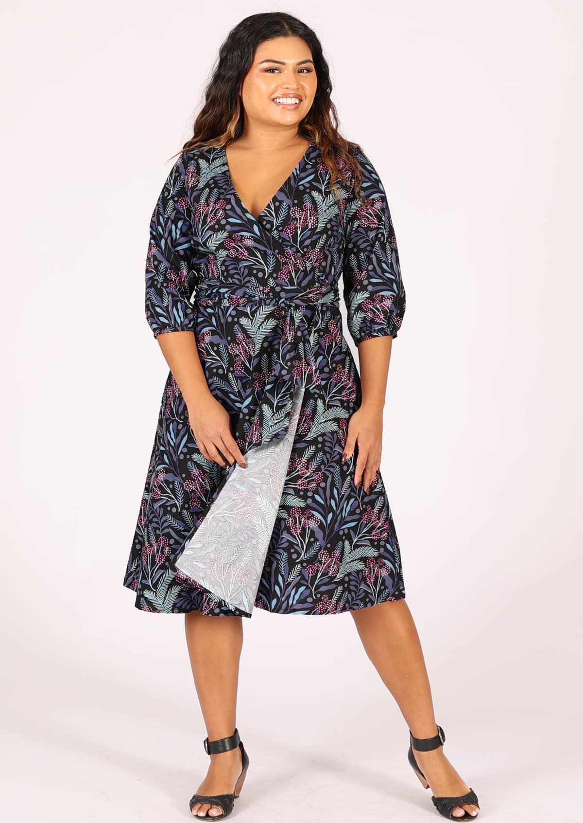 100% cotton wrap dress with 3/4 sleeves in gorgeous botanical print