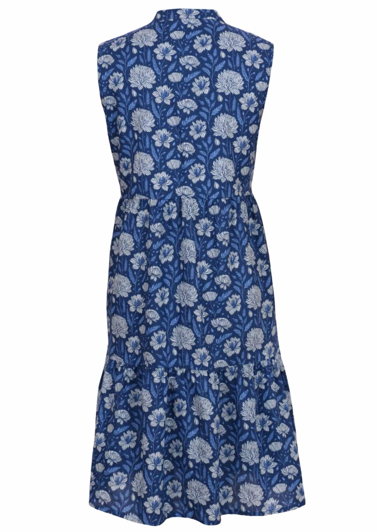 Back mannequin photo of cotton sleeveless midi length dress in blue floral print