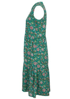Side mannequin photo of cotton floral print sleeveless midi length dress with hidden side pockets