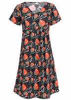 Red, green and white stylised floral print on black base cotton V-neck short sleeve dress