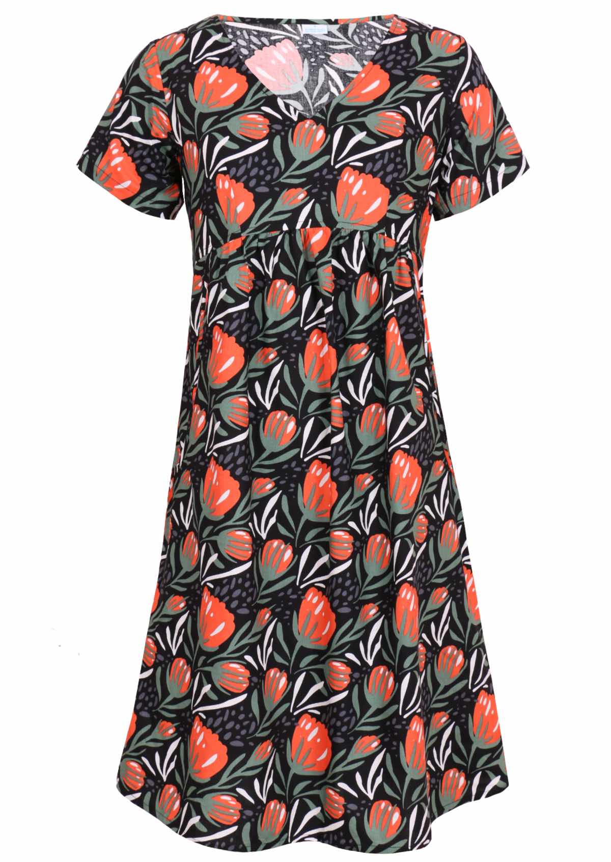 Red, green and white stylised floral print on black base cotton V-neck short sleeve dress