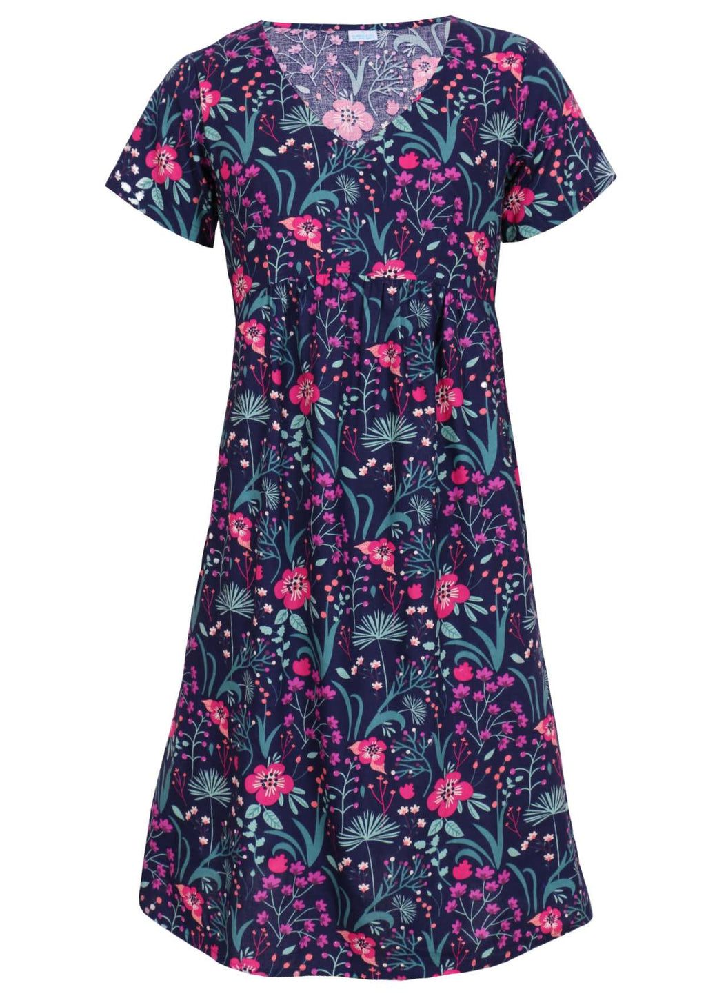 100 percent cotton v-neck empire waist sundress with hot pink and bright purple flowers on a deep blue base with pockets 