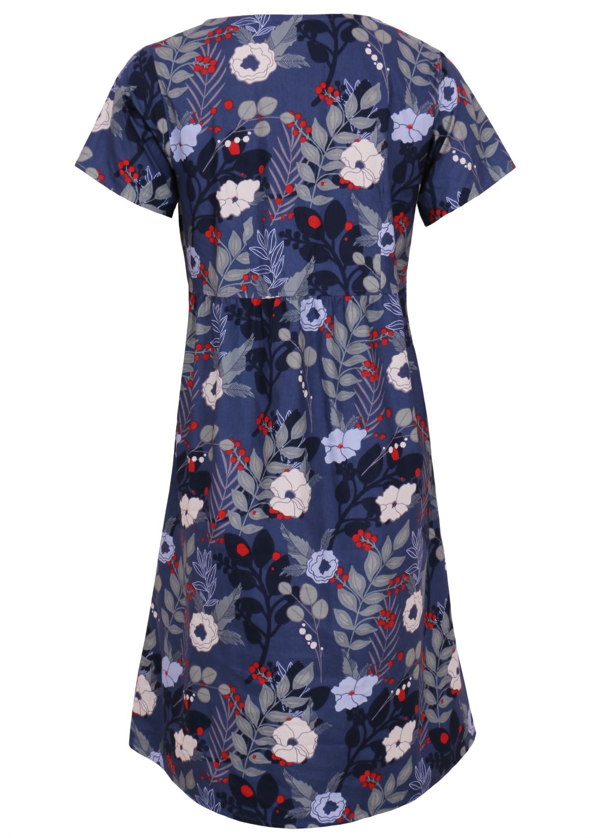 Back mannequin photo of cotton dress with short sleeves in blue floral print