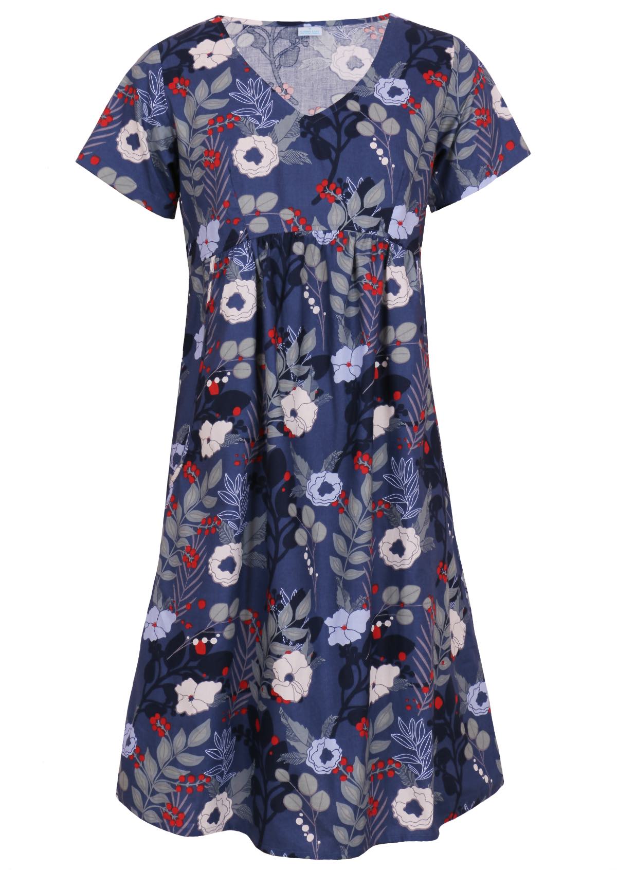 Front mannequin photo of cotton dress with V-neckline in blue floral print