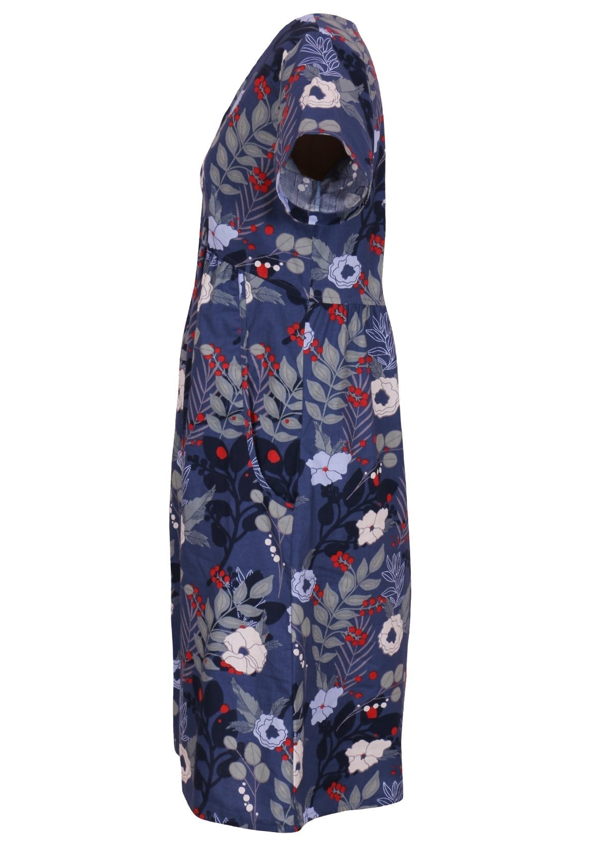 Side mannequin photo of cotton dress with short sleeves and pockets in blue floral print