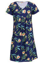 Mannequin front of navy blue dress. 