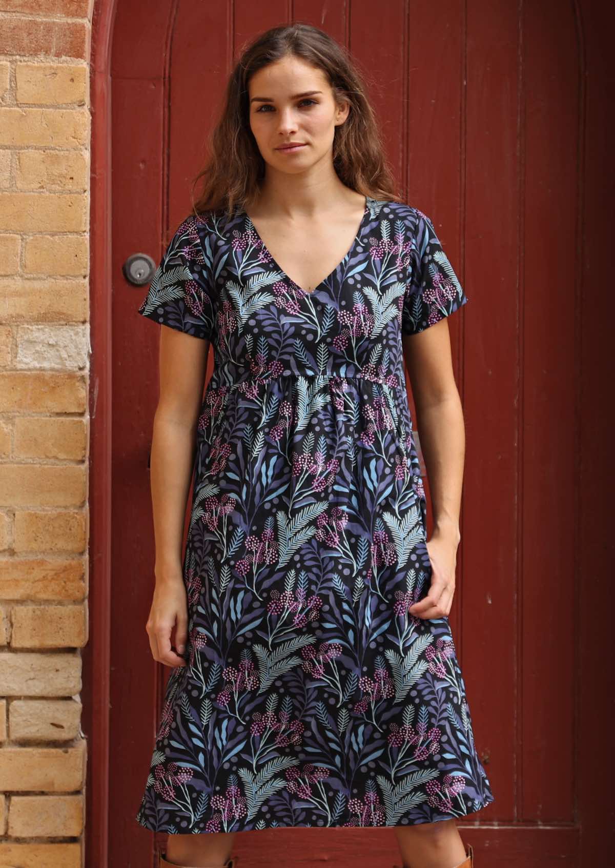 100% cotton dress black based floral print