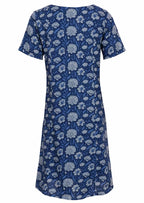 Back mannequin photo of cotton dress with light blue and white floral design on a navy blue base
