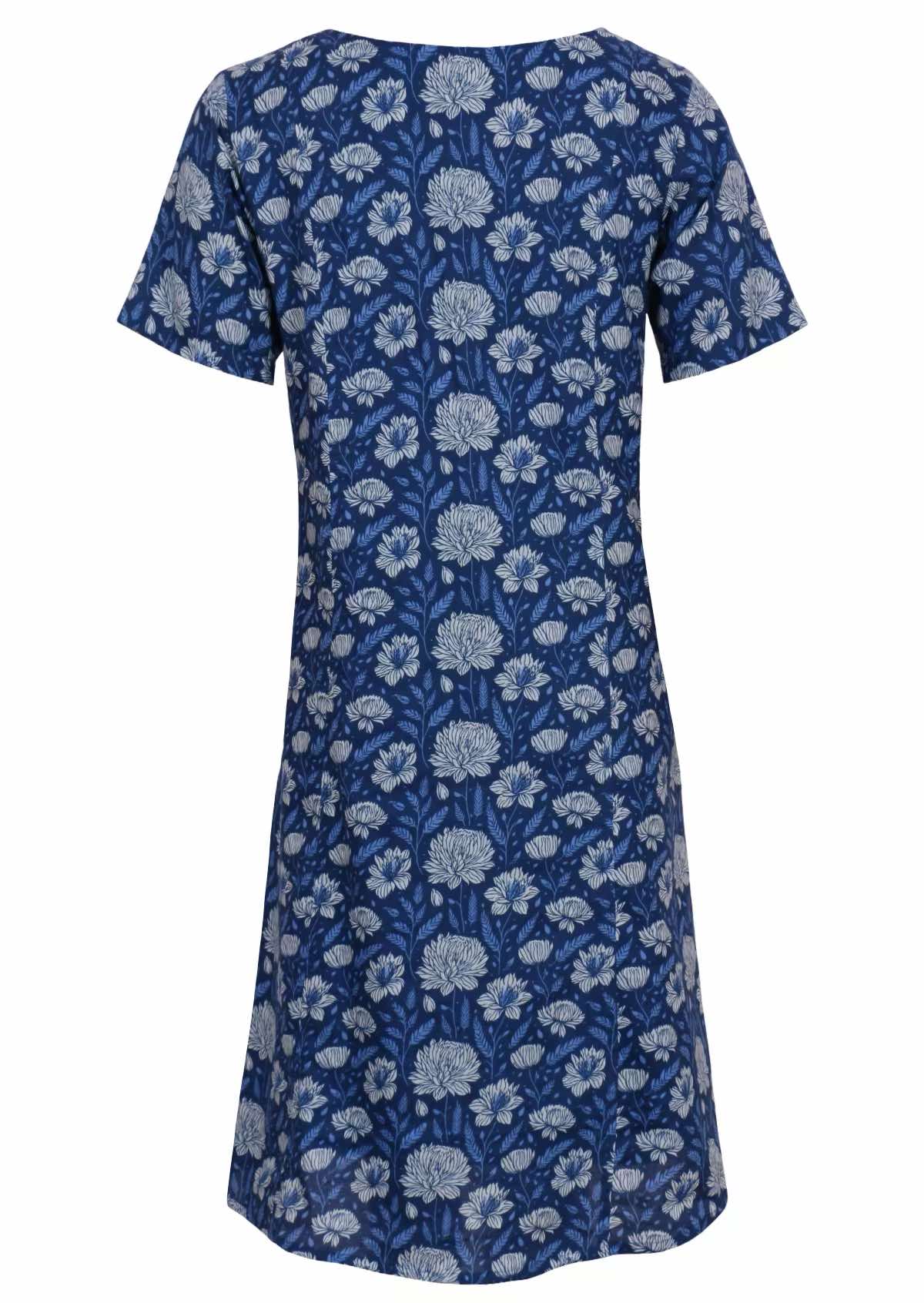 Back mannequin photo of cotton dress with light blue and white floral design on a navy blue base