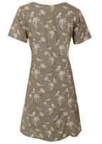 Back mannequin photo of cotton short sleeve relaxed fit dress in green based floral print