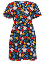 Front mannequin photo of cotton relaxed fit dress with short sleeves and V-neckline