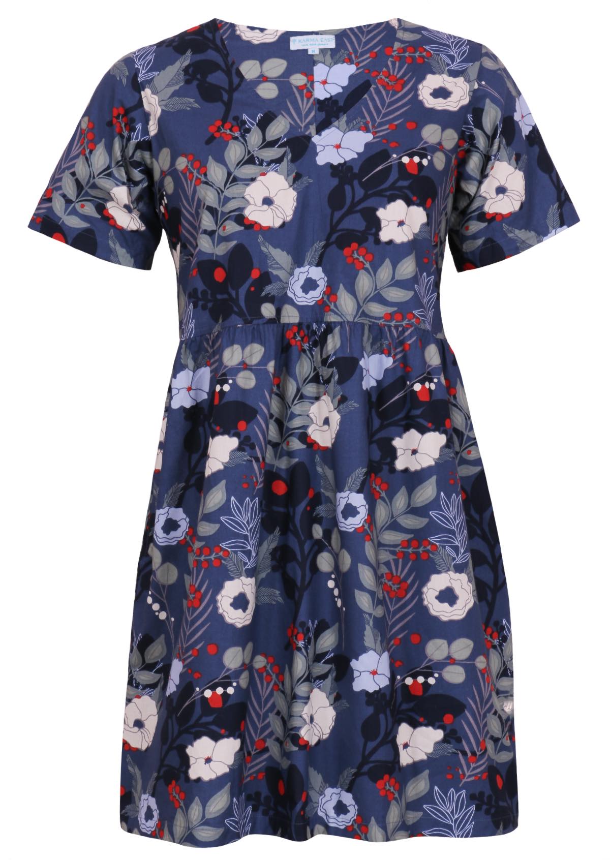 Front mannequin photo of cotton short sleeve knee length dress with V-neck in blue floral print