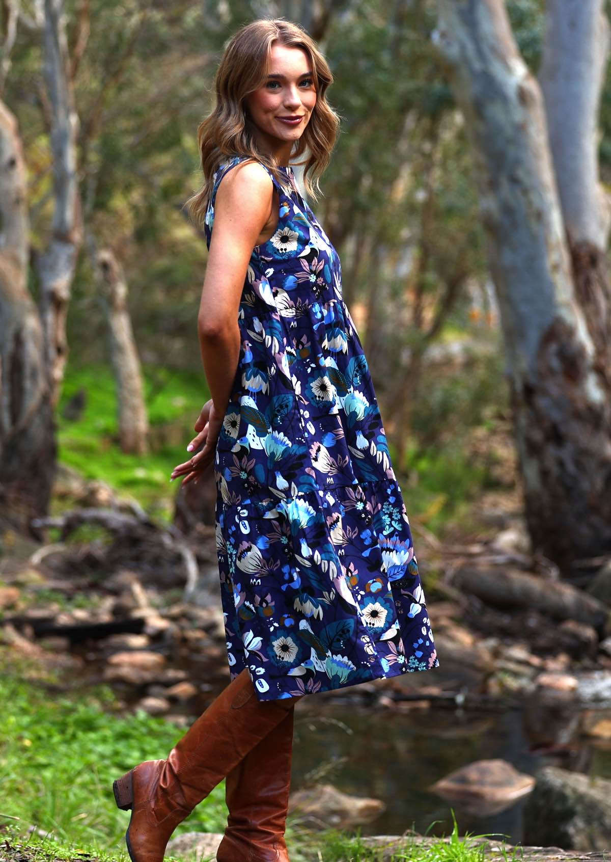 Three tiers of fabric give this sleeveless dress a roomy feel