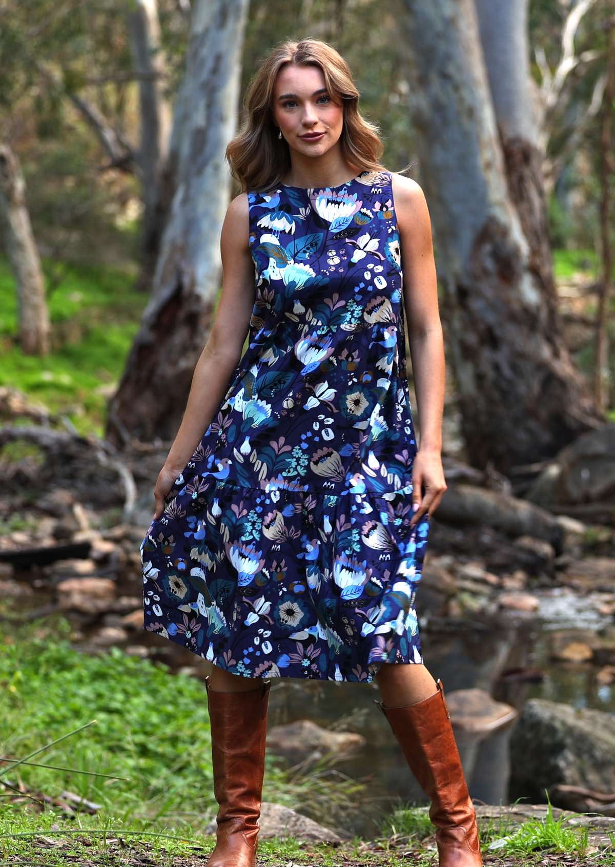 Sleeveless cotton three tiered dress in beautiful floral print with birds