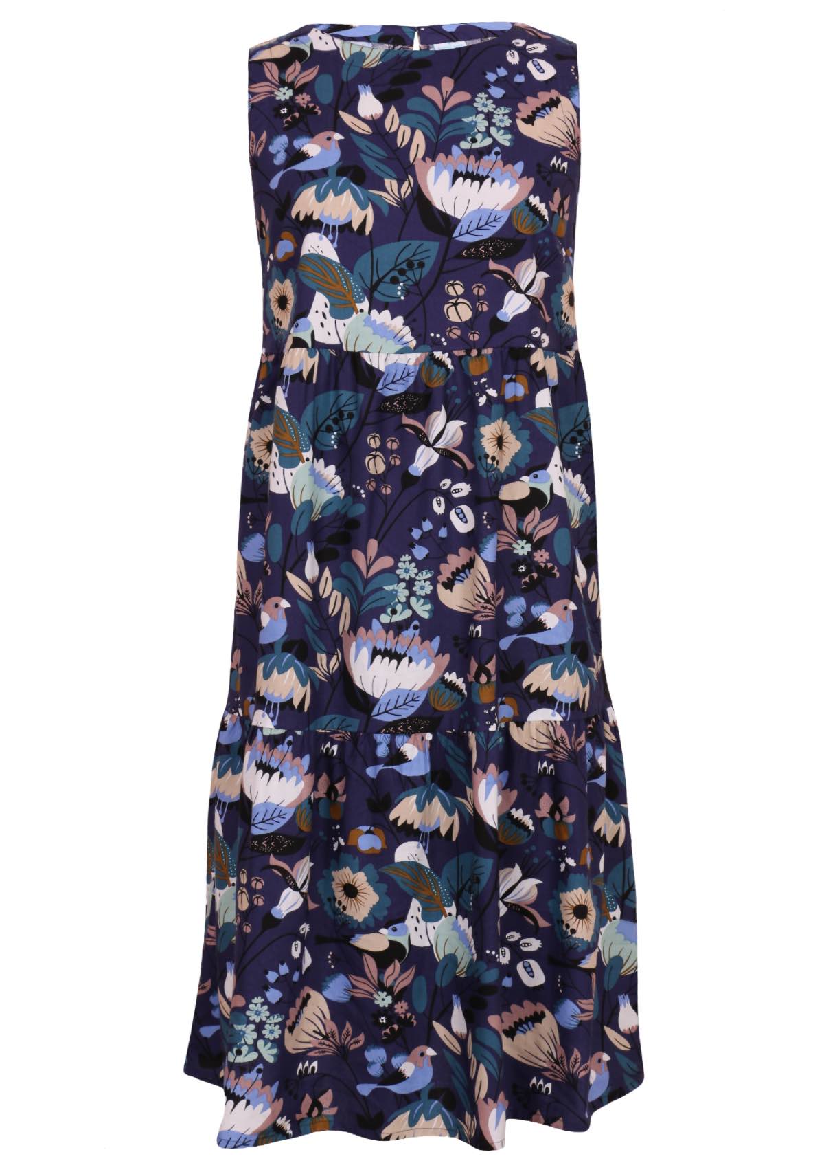 Navy blue base with florals and birds in blues and browns cotton dress